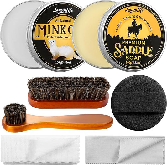 Leather Boot Care Kit, 7-in-1 Saddle Soap & Mink Oil for Leather Cleaning & Polish with 2 Horsehair Brush, Polishing Cloth, Microfiber Cloth, Leather Cleaner and Conditioner for Boots, Shoes, Couch