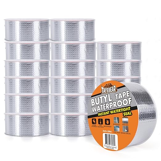 TAPEBEAR Butyl Tape Waterproof Sealant Tape 2inch x33feet, Aluminum Foil Duct Sealing Tape for RV Roof Repair, Boat and Pipe Sealing, Silicone, Glass & EDPM Roof Leak Patching, Silver, 16Rolls