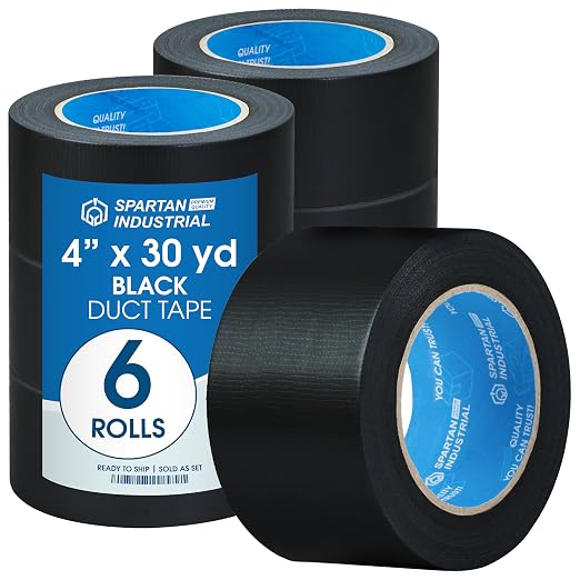 Spartan Industrial - 4" X 30 yd Water-Resistant Black Tape - 6 Wide Duct Tape Rolls for Indoor and Outdoor Use - No Residue, 9 Mil