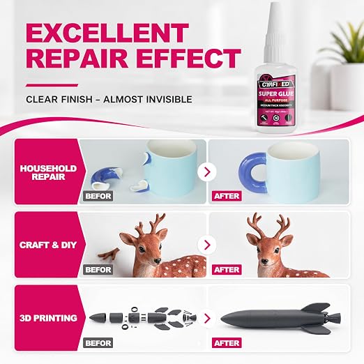 Super Glue Liquid, Instant Clear Cyanoacrylate Medium Thick Viscosity Adhesive, Food Safe CA Glue For Shoe Repair Leather Ceramic Plastic Glass Metal Wood Aquarium Porcelain Rubber Pottery Model Craft
