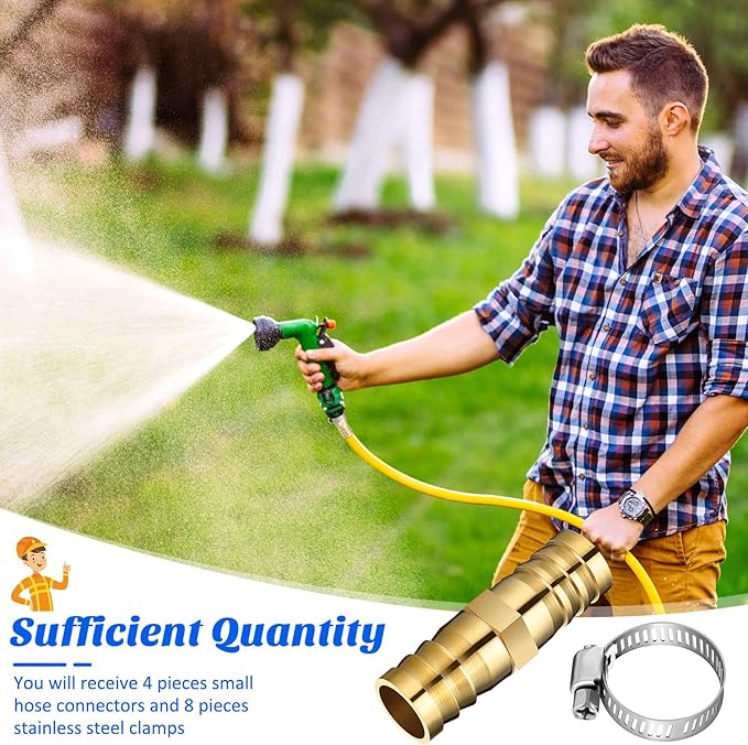 Zhengmy 12 Pcs 3/8-1/2 Inch Hose Repair Kit Brass Barb Fitting Garden Water Hose Repair Connectors with Claps Fiting with 8 Pcs Stainless Steel Pipe Clamp for Fuel Air