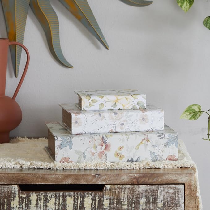 Deco 79 Canvas Decorative Box Faux Storage Book Book Shaped Boxes with Pink and Blue Floral Patterns, Set of 3 Decorative Keepsake Boxes 12", 9", 6"H, White