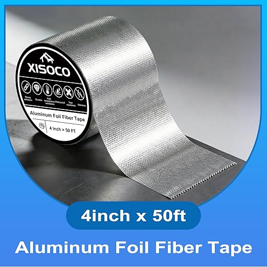 4Inch × 50FT Aluminum Foil Fiber Tape, for Duct Work, HVAC Fiberglass Heat Shield Tape, Greenhouse Sealing Tape, Heavy Duty Waterproof Silver Aluminum Foil Fiber Seal Tape