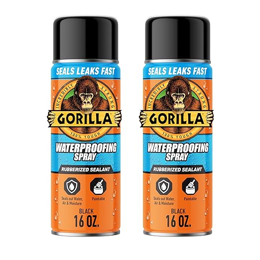 Gorilla Waterproofing Spray Black, Flexible Rubberized Sealant Coating, Paintable UV Resistant, Seals Water Air Moisture, 16 oz (Pack of 2), for Roofs Gutters Skylights RVs Windows & More