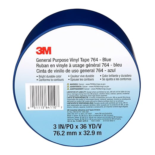 3M Vinyl Tape 764, General Purpose, 3 in x 36 yd, Blue, 1 Roll, Light Traffic Floor Marking Tape, for Social Distancing, Color Coding, Safety, Bundling