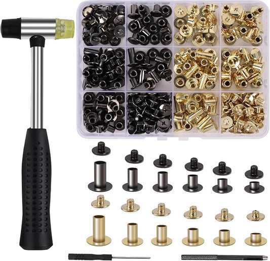 110 Sets Chicago Screws Leather Rivets Kit, 6 Sizes (M5*4,5,6,8,10,12) Assorted Binding Screws with Rubber Hammer & Full Installation Tools for On-the-Go Leather Craft, Bookbinding (Black & Gold)