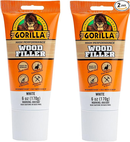 Gorilla All Purpose Wood Filler, White Wood Filler, 6 Ounce Tube (Pack of 2) - Water Resistant for Indoor or Outdoor Projects and Repairs