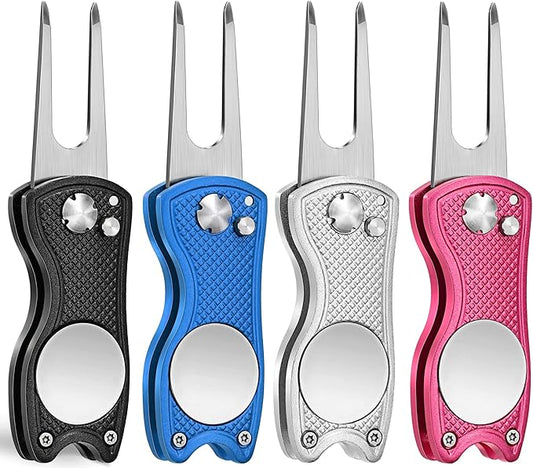 Mile High Life Golf Divot Repair Tool, All Metal Foldable Divot Tool with Pop-up Button & Magnetic Ball Marker, 2-6 Pack