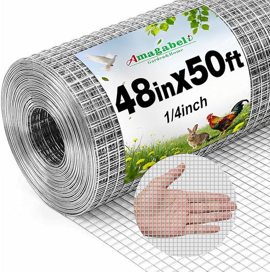 AMAGABELI GARDEN & HOME 48x50 Hardware Cloth 1/4 inch Square Galvanized Chicken Wire Welded Fence Mesh Roll Raised Garden Bed Plant Supports Poultry Netting Cage Wire Snake Fence