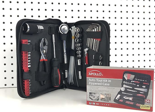 Apollo Tools 56 Piece Compact SAE Auto Tool Set in Zippered Case, Small Mechanic Tool Set for Car Emergency, Motorcycle Repair on the Road, Great for Travel Tool Needs - Red - DT9774 (Pack of 6)