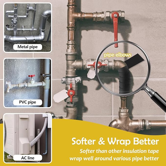 DEMEDO Pipe Insulation Tape, Pipe Wrap Insulation Foam Tape Self Adhesive, Outdoor Water Pipe Insulation Roll for HVAC, AC Line Insulation, 3 inch x 16.5 FT Heat Tape for Water Pipe, Black