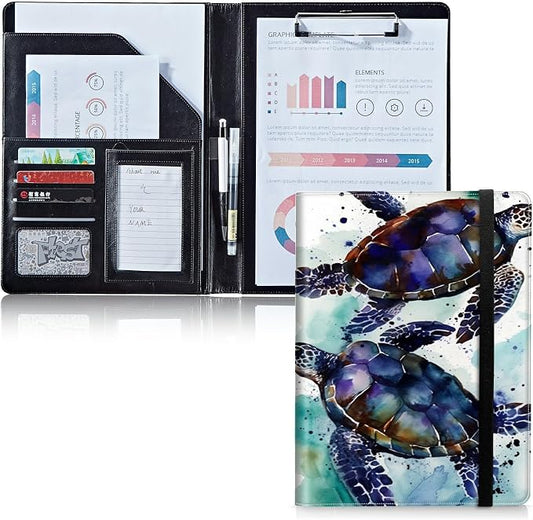 Padfolio Folder with Clipboard,Portfolios Organizer Clipboards with Storage Clipboard Writing Pad PU Leather Conference Document Organizer with Business Card Holder,Sea Turtle