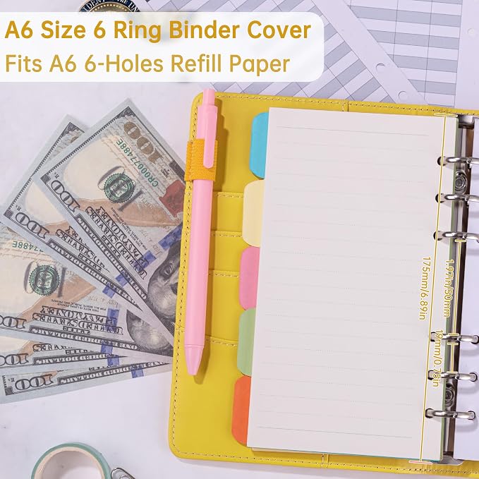Antner A6 Notebook Binder Refillable 6 Ring Budget Binder Cover for A6 Refill Paper, PU Leather Budget Planner Organizer with Magnetic Buckle, Loose Leaf Personal Planner, Lemon Yellow