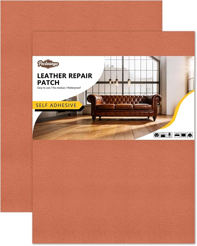 2 Pcs Light Brown Leather Repair Tape, 8x12 Inch Leather Repair Patch Self-Adhesive, Waterproof Faux Leather Patch, Vinyl Repair Tape for Couch, Sofas, Furniture, Office Chair, Car Seats
