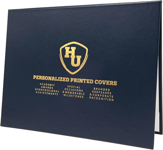 Premium Navy Blue Faux Leather Document Cover 8x6 Small Size | Tent-Style Opening, Non-Padded, Custom Metallic Foil Printing | Ideal for Diplomas, Awards, Certificates with Professional Finish