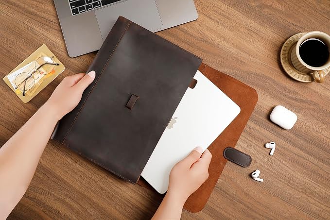 Genuine Leather File Folder, Accordian File Organizer, Leather Document Holder Resume Folio for Men & Women-Dark Brown-Custom