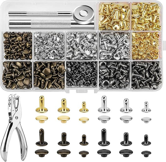 480 Sets Rivets for Leather, 4 Colors 3 Sizes Leather Rivets Kit, Double Cap Rivet with 4 Setting Tools, Suitable for Bags, Decoration