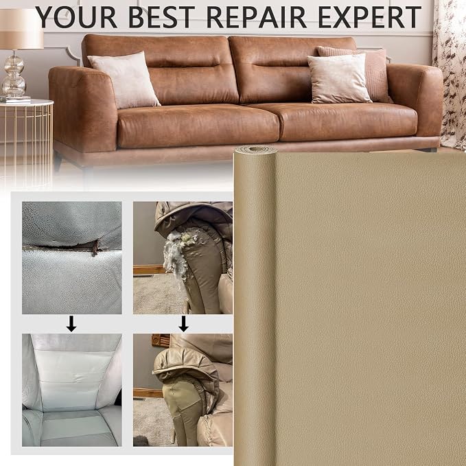 YAFLC Leather Repair Patch for Furniture, 17" x 79" Self Adhesive Leather Repair Kit Vinyl Repair Tape for Car Seat Sofa Jackets Couches Chair Medium Beige