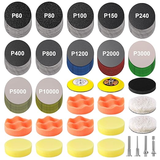 199 PCS 3 Inch Wet Dry Sanding Disc, GOH DODD Headlight Restoration Kit Drill Polishing Kit Sanding Attachment Hook Loop Sandpaper Buffing Pads with Rotary Tools for Car Wood Metal Glass Resin Expoxy