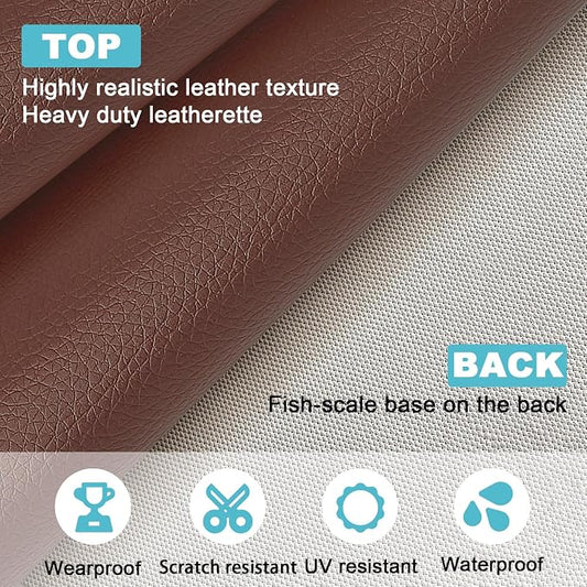 Brown Leather Fabric, Grained Lychee Faux Leather Sheets, 39x54 Inch Waterproof Vinyl Fabric, Leather Upholstery Fabric for Sewing, DIY Crafts, Sofa, Car Seat, Motorcycle Cushion and Chairs