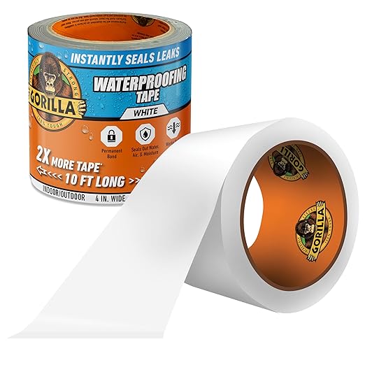Gorilla Waterproof Patch & Seal Tape, White Tape, 4" x 10' (Pack of 1) - Permanent Weather Resistant Seal for Leaks and Repairs