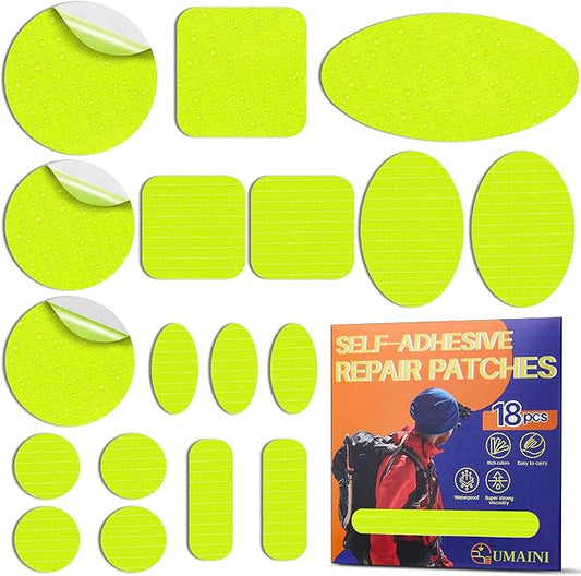 Down Jacket Repair Patch Kit, Outdoor Gear Tenacious Repair Tape, Self Adhesive Fabric Patches for Clothes, Waterproof Ripstop Nylon Fabric Patch for Puffer Jacket, Coat, Tent (18 Pcs, Green)