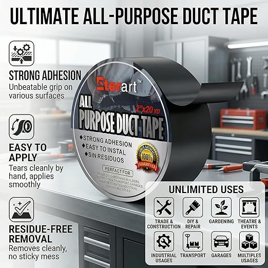 ETERART Heavy Duty Black Duct Tape, Tear by Hand & Residue-Free Industrial Strength Adhesive, Waterproof Multi-Purpose Tape for Moving, Outdoor Repair and Home DIY, 2 Inch x 20 Yards