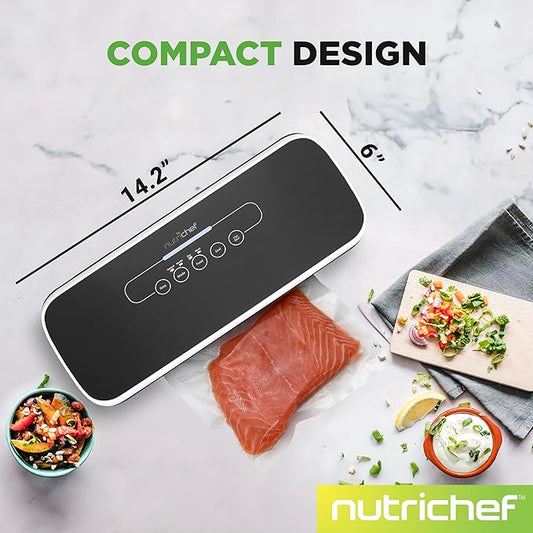 NutriChef Automatic Food Vacuum Sealer, Electric Air Sealing Preserver System for Dry and Moist Foods, LED Control, Strong Suction, Includes Bags, Wine Stopper Cork, and Air Suction Hose, 14”x6”x3”