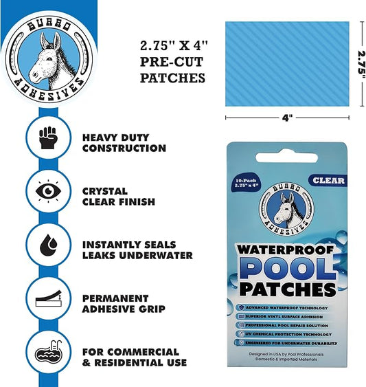 Burro Adhesives 10-Pack Waterproof Clear Pool Tape Patches - Professional Grade PVC Repair Kit with 2.75" x 4" Heavy Duty Patches for Commercial & Residential Vinyl Pools, Works Underwater & Dry