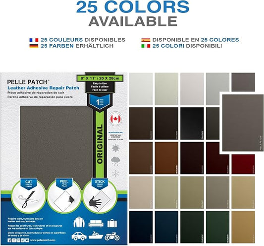 Leather Repair Patch for Car Seat - 25 Colors Available - Original 8x11 - Medium Grey