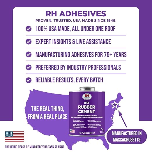 #14 Rubber Cement, 32 oz. can - Crafting, Leather, Upholstery, Costuming, Scrapbooking, DIY, Repostionable, Semi-Permanent - RH Adhesives