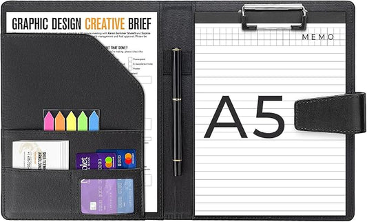 A5 Leather Portfolio Binder, Interview Legal Document Organizer with Magnetic Closure Cover with A5 Sized Papers,Sticky Tabs,Pen,Mini Document Organizer Folder for Men Women,Black
