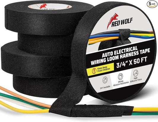RED WOLF Wiring Harness Tape High Temp Wire Cable Loom Self-Adhesive Fabric Tape for Electrical Automotive Engine Harness Wrap Protection Noise Damping Cables Fixed 3/4 Inch x 50 FT 5 Rolls