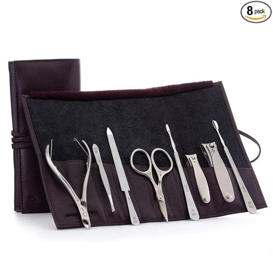 GERMANIKURE 8pc Manicure & Pedicure Set in Dark Purple Leather Case - Made in Germany, FINOX Stainless Steel Tools – Professional Cuticle and Nail Care Kit