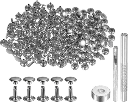 HARFINGTON 100 Sets Leather Rivets 10 x 9mm Metal Double Cap Rivet Snaps Studs Fasteners with 3pcs Setting Tools Rivets for Leather Craft DIY Repair Decoration, Silver Tone
