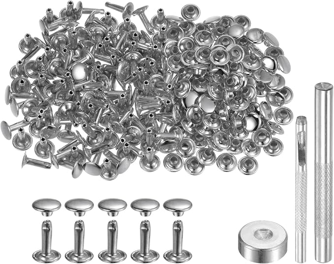 HARFINGTON 100 Sets Leather Rivets 12 x 9mm Metal Double Cap Rivet Snaps Studs Fasteners with 3pcs Setting Tools Rivets for Leather Craft DIY Repair Decoration, Silver Tone