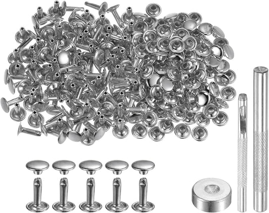 HARFINGTON 100 Sets Leather Rivets 12 x 9mm Metal Double Cap Rivet Snaps Studs Fasteners with 3pcs Setting Tools Rivets for Leather Craft DIY Repair Decoration, Silver Tone