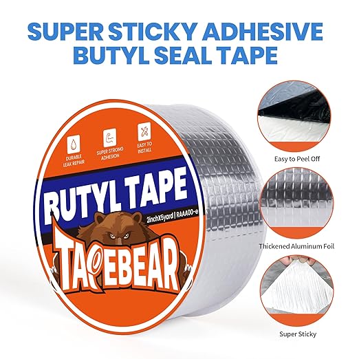 TAPEBEAR Butyl Tape 2inch x16feet, Aluminum Duct Sealing Tape Waterproof Sealant Repair Tape for RV Roof, Boat and Pipe Sealing, Glass & EDPM Roof Leak Patching