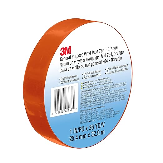 3M Vinyl Tape 764, General Purpose, 1 in x 36 yd, Orange, 1 Roll, Light Traffic Floor Marking Tape, Social Distancing, Color Coding, Safety, Bundling