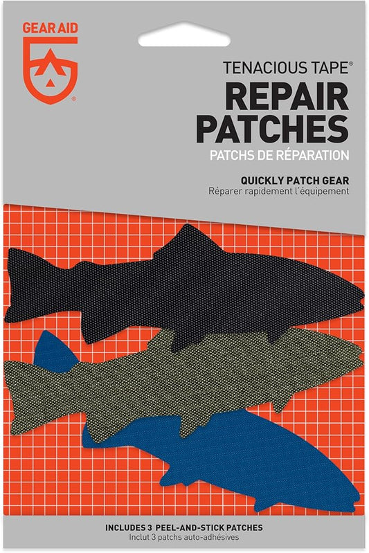 GEAR AID Tenacious Tape Repair Patches – Peel-and-Stick Nylon Gear Patches for Jackets, Tents, Sleeping Bags, Backpacks, and Outdoor Gear – Fix Rips, Tears, and Holes, 3 Patches, Fish