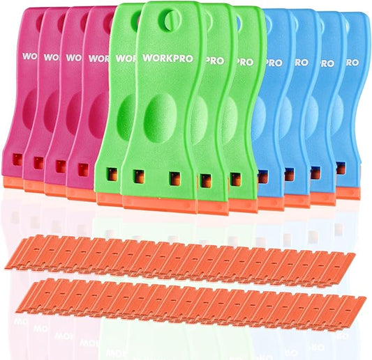 WORKPRO 12-Piece Plastic Razor Blade Scraper with 120 Pcs Plastic Razor Blades, for Gasket Remover, Labels Decal and Adhesive Remover for Windows and Glass