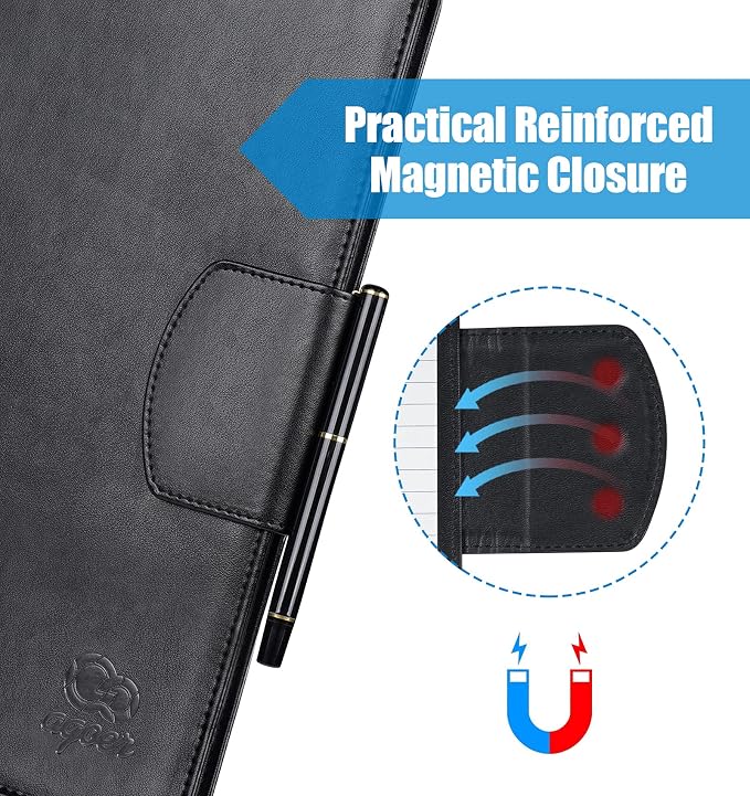 Agoer Professional Padfolio Clipboard Folder with 3xMagnetic Closure Cover | Faux Leather,A4 Size,With A4 Writing Pad & Pen & Sticky Tab,for Business Office Conference(Black),Portfolio Legal Pad Holder