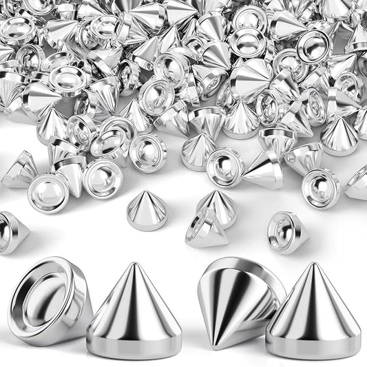 OIIKI 100 PCS 10 mm ABS Bullet Spike Cone Studs, Rivets Cone Spike Studs Beads, Flat Back Punk Spikes DIY Crafts Studs Glue on Decoration for Leather Clothes Belt Bags Jewelry Trims - Silver