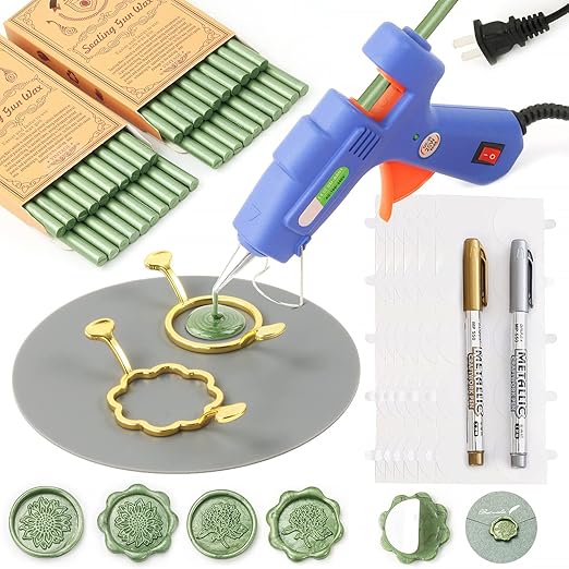 Wax Seal Kit, WASOHLING 40Pcs Pine Green Sealing Wax Sticks with Glue Gun, Wax Seal Molds, Silicone Waxing Mat, Marker Pens, Premium Kit for Wedding Invitations Envelopes Cards (Pine Green)
