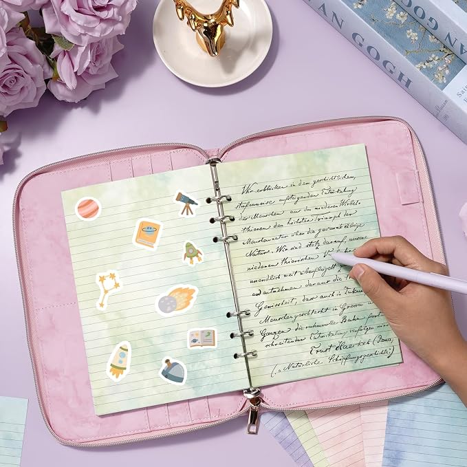 100 Sheets Gradient A5 Refill Papers for Planner Binder Insert with Pink Pu Leather 6 Ring Binder Cover, 120GSM Thick Watercolor Loose Leaf Papers Filler for Notebook Journal Girls Women Graduation