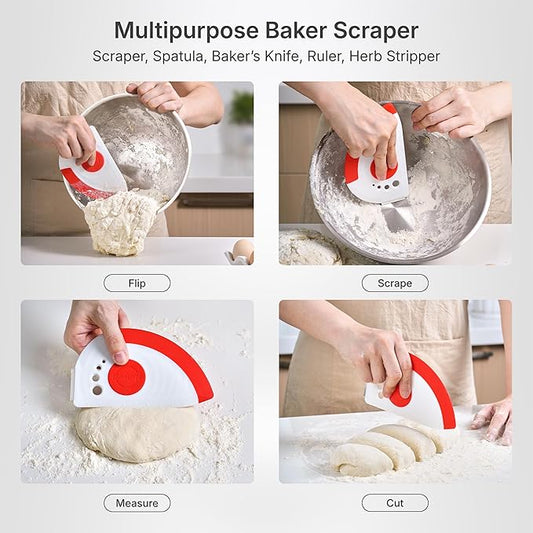 5-in-1 Dough Scraper & Flexible Bowl Scraper by Nextrend, Bread Scraper with Stainless Steel Edge, Ruler & Herb Stripper – BPA Free, Dishwasher Safe - Red