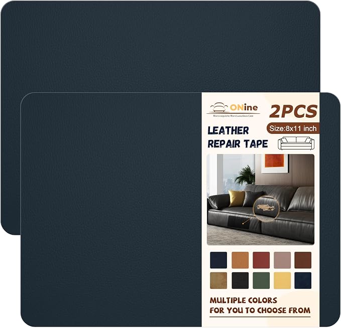 ONine Leather Repair Patch,Self-Adhesive Couch Patch,Multicolor Available Scratch Leather 8.3X11 Inch （2pcs） Peel and Stick for Sofas,Car Seats Backpack Jackets(Dark Blue-Litchi Grain)