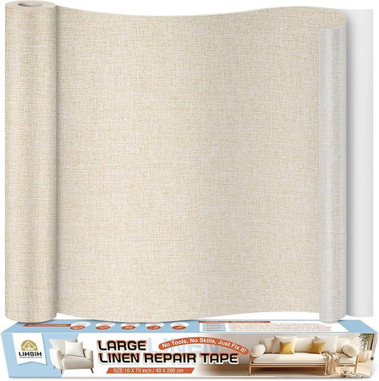 Linen Fabric Repair Tape 16x79 Inch, Self Adhesive Couch Patch Repair Fabric Tape for Furniture, Linen Patch Kit for Couch, Carpet, Upholstery, Chair, Sofa, Cushion, Bag (Dark Beige)