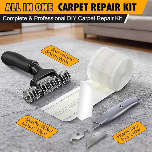 Dreyoo Upgraded Carpet Repair Kit with 5" Star Wheel Seam Roller, 4" x 30ft Carpet Seam Tape & Heavy Duty PVC Pipe Cutter, Heatless Carpets Patching Tools for DIY Home/Office Floor Maintenance