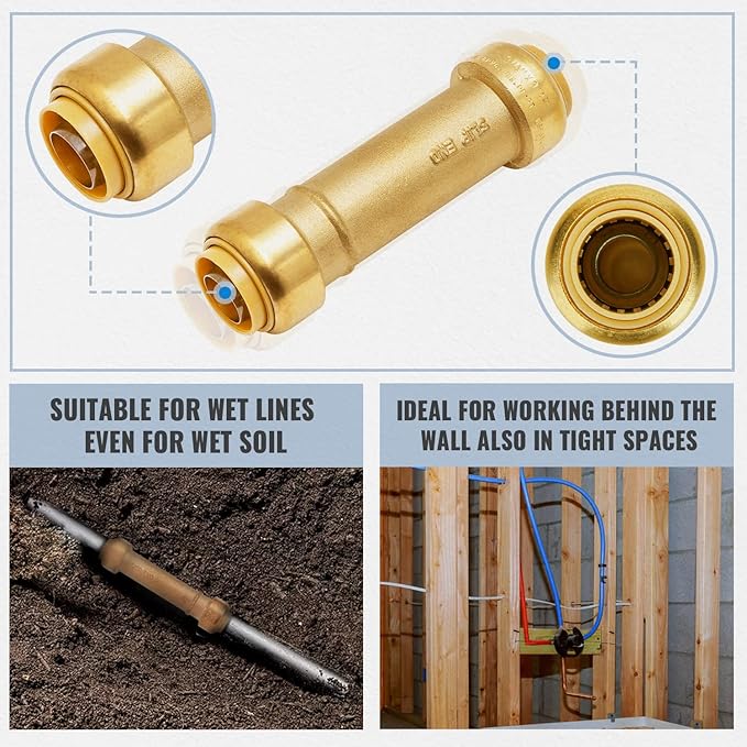 SUNGATOR 3/4 Inch Slip Coupling, Fatest Way for Emergency Repair and Leaks Fix, No Lead Brass Push-to-Connect Plumbing Fittings for PEX Pipe, Copper, CPVC, PE-RT, With 1 Disconnect Clip, Pack of 3